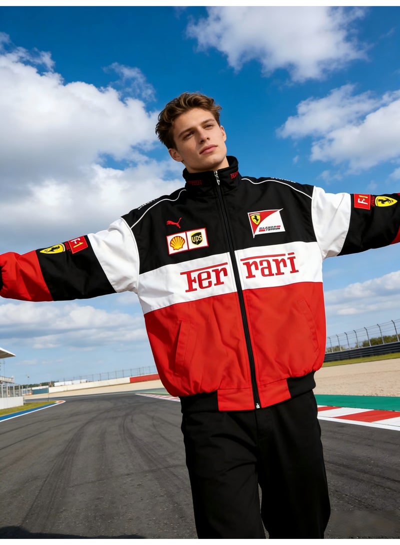 اف 1 جاكيت سباق فيراري × بوما للفورمولا 1 - شعارات الرعاة (شيل/يو بي إس)، تصميم بلونين أسود وأحمر، شعار مطرز، تصميم بسحاب كامل، معطف رياضي للجنسين - Image 4